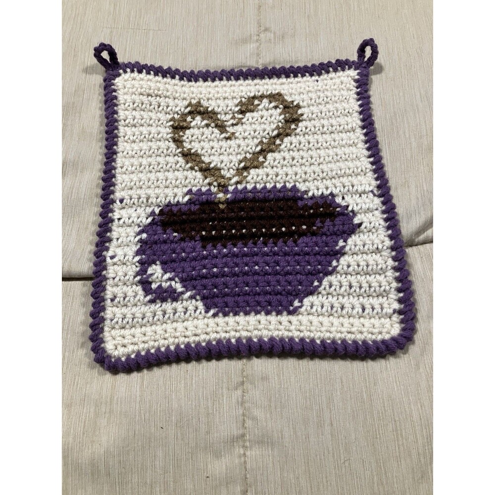 Handmade Crochet Hot Pad Potholder White Purple Cup Of Coffee Love Heart